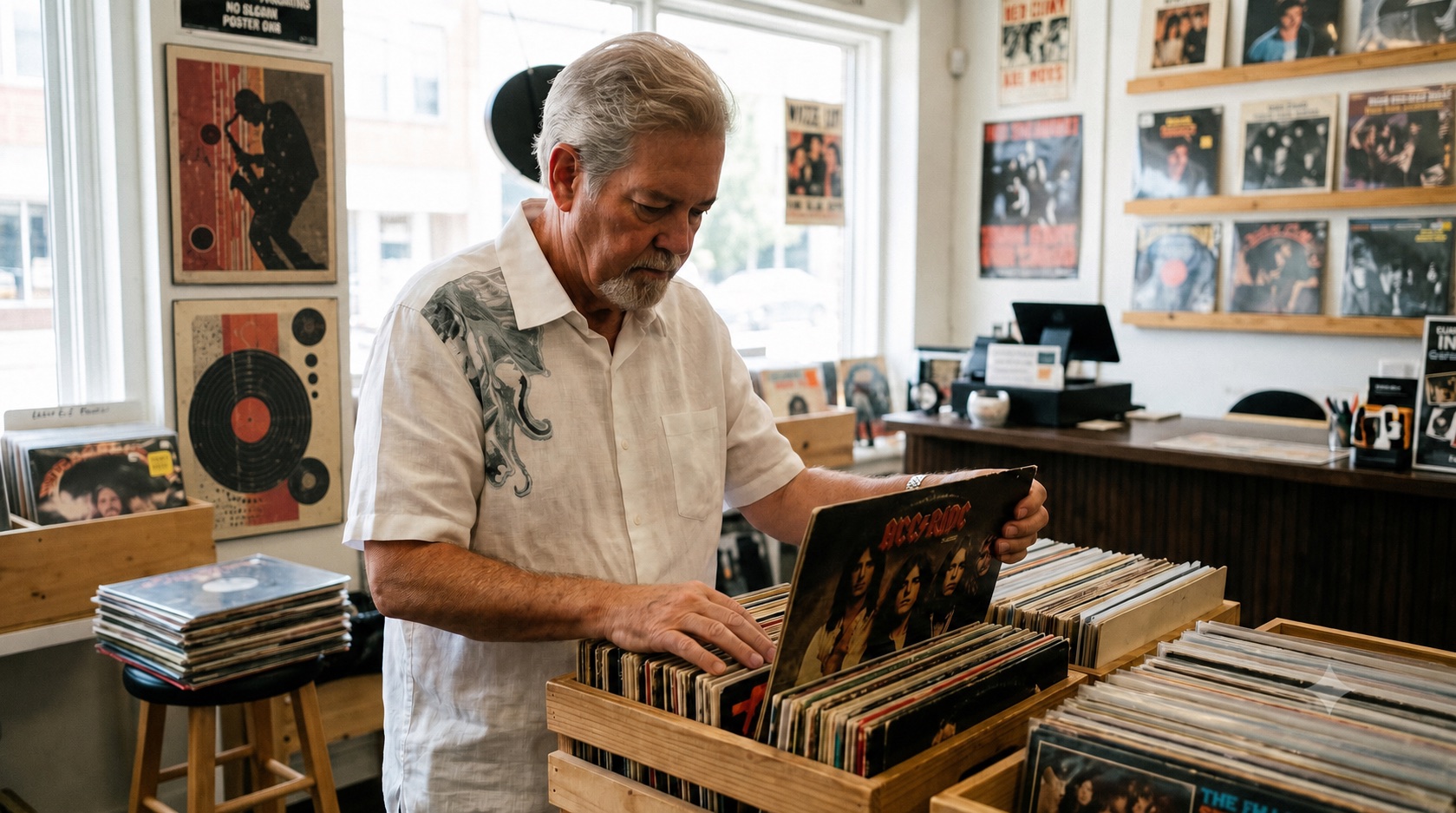 Pat looking through records in a record store